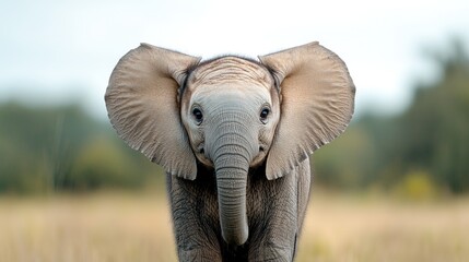 Adorable baby elephant calf portrait in field.