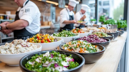 Obraz premium Assorted fresh salads in bowls displayed on a buffet counter with professional chefs preparing food in the background.