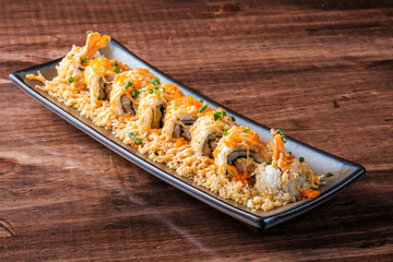 Japanese Spicy Tempura Shrimp Sushi with Crunchy Topping