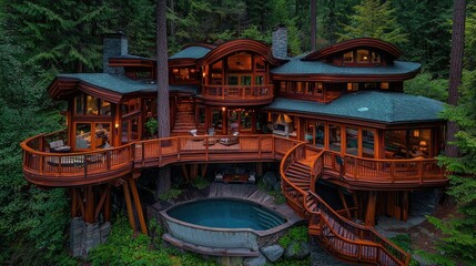 Obraz premium Luxurious wooden house nestled in forest, featuring wrap-around decks, swimming pool, and stunning architecture.