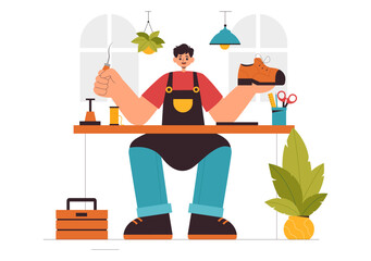 Shoemaker Profession Vector Illustration featuring the Process of Shoe Repair, Footwear Manufacturing, and Design in a Flat Style Cartoon Background