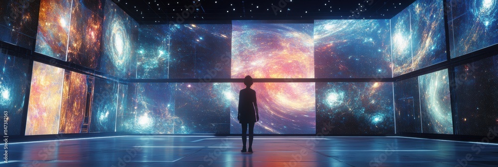 Aufkleber An individual explores a digital gallery filled with vibrant cosmic artworks and engaging virtual avatars in a futuristic space. Generative AI