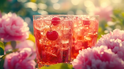 Refreshing cherry drinks with ice, garnished with cherries, sit amongst pink flowers. Perfect for summer beverage, brunch, or cocktail menu images.