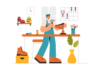 Fototapeta premium Shoemaker Profession Vector Illustration featuring the Process of Shoe Repair, Footwear Manufacturing, and Design in a Flat Style Cartoon Background