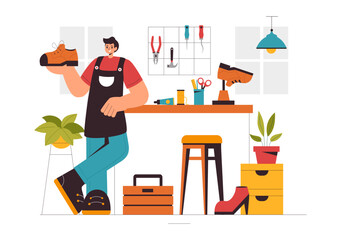 Shoemaker Profession Vector Illustration featuring the Process of Shoe Repair, Footwear Manufacturing, and Design in a Flat Style Cartoon Background