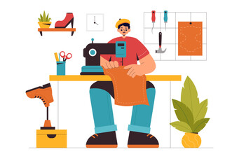 Shoemaker Profession Vector Illustration featuring the Process of Shoe Repair, Footwear Manufacturing, and Design in a Flat Style Cartoon Background