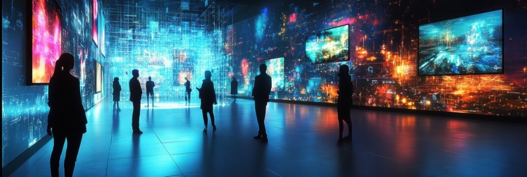 Visitors explore an immersive digital gallery filled with vibrant virtual artworks and engaging avatars in a contemporary exhibition space. Generative AI