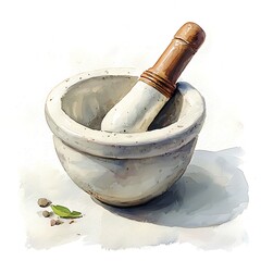 Watercolor painting of a rustic mortar and pestle with peppercorns and a leaf.