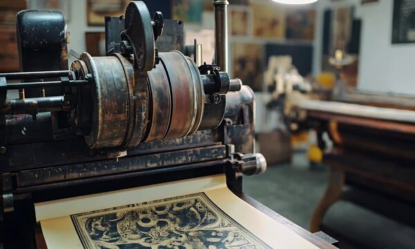 A vintage printing press with an inked page ready for printing in a workshop setting.