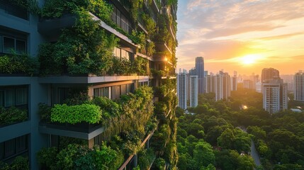 Vertical garden on modern building facade at sunset. Illustrates sustainable urban design & eco-friendly living.
