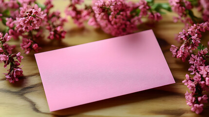 Pink Flowers Decorate Wood Table with Card