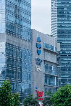 Jakarta, Indonesia - December 18, 2024: Pacific Place Jakarta and CGV Cinema signage and logo type.
