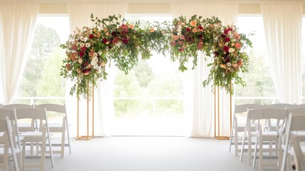 A large archway of flowers is in front of a white building with a large window