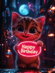 Adorable kitten holding a neon 'Happy Birthday' sign, perfect for birthday celebration wall art, posters, and party decorations, bringing joy and festivity to any space.