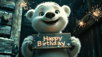 Charming polar bear holding a 'Happy Birthday' sign, perfect for children's party invitations, greetings, wall art, and festive decorations to create a cheerful atmosphere.