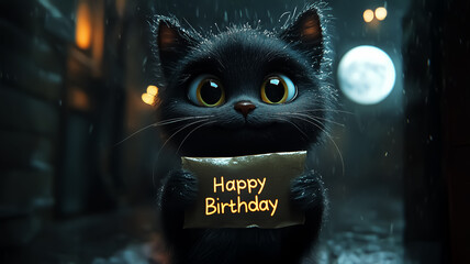 Adorable black cat holding a birthday sign in a whimsical, moonlit setting, perfect for birthday cards, decorations, wallpapers, and fun wall art.