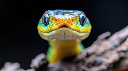 Fototapeta premium Vibrant green and yellow snake looking directly forward in a detailed macro portrait against a dark background.