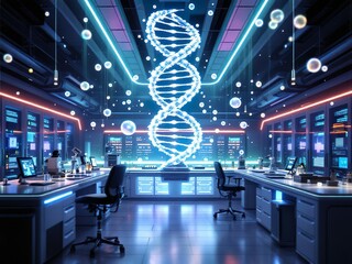 Futuristic Biotechnology Lab with DNA Helix and Gene-Editing Tools
