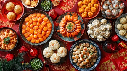 Delicious Chinese Cuisine Celebration Family Gathering Food Photography Festive Setting Aerial View Culinary Tradition