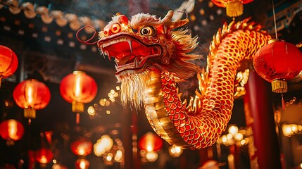 Fototapeta premium Celebratory Dragon Dance Performance Cultural Festival China Colorful Lanterns Vibrant Atmosphere Traditional Art