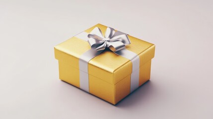 Obraz premium Shiny Golden Gift Box with Silver Ribbon and Bow on Light Background