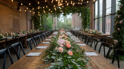Fototapeta premium A long table with many chairs and a floral arrangement