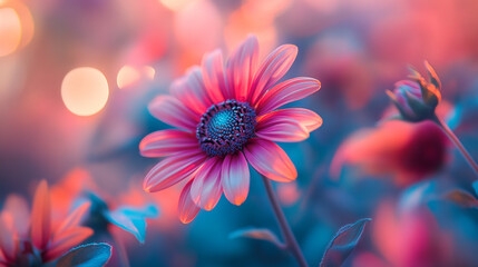 Colorful flower with vivid petals in a dreamy, soft-focus garden setting. 