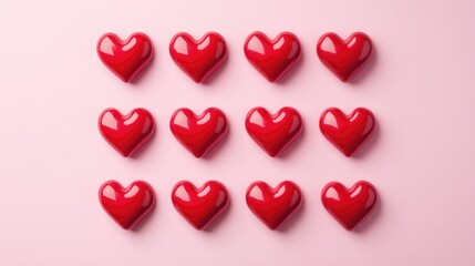 Fototapeta premium Red Hearts Arrangement on Soft Pink Background for Valentine's Day
