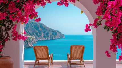 Serene Coastal View with Bougainvillea and Rattan Chairs