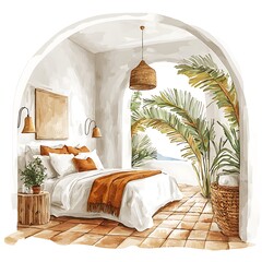 Watercolor illustration of a serene bedroom with arched doorway, overlooking a tropical scene.