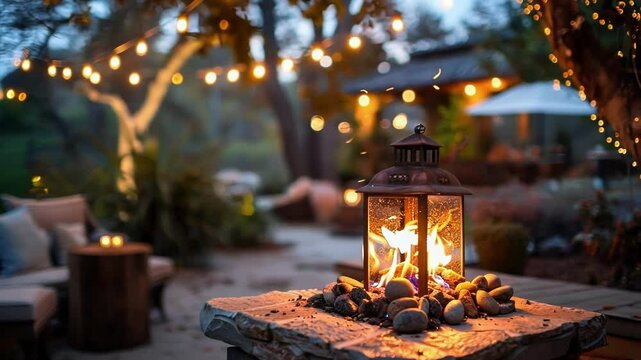 Burning lantern sits on a stone pedestal in the backyard of a home, illuminating the patio area for an evening gathering