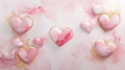 Pink Heart Shapes with Gold Accents on Soft Watercolor Background