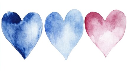 Obraz premium Watercolor Hearts in Shades of Blue and Red on White Background