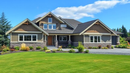 Obraz premium A modern house with a landscaped yard under a blue sky.