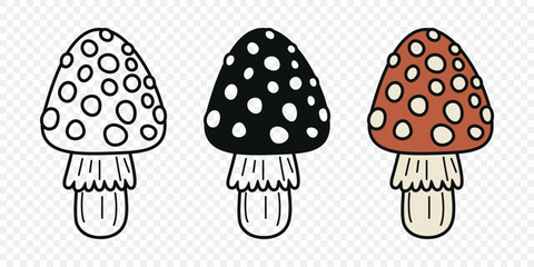 Fototapeta premium Flat Vector Hand Drawn Cartoon Fly Agaric Mushrooms Outline Illustration. Amanita Muscaria, Fly Agaric Illustration, Mushrooms. Magic Mushroom Icons, Design Template