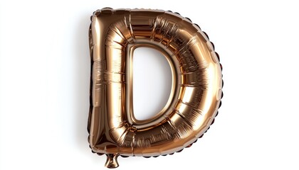 Reflective bronze "D" balloon on white, capturing its smooth texture and metallic shine,