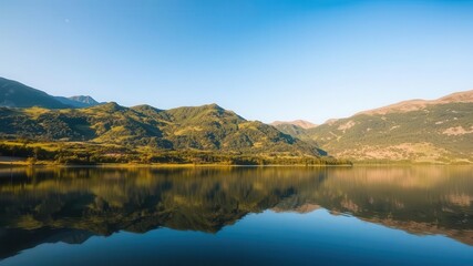 Majestic mountain peak reflecting in calm lake under a clear blue sky surrounded by lush greenery, reflection, clear, peaceful