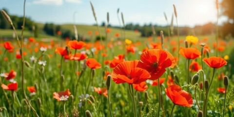 Obraz premium Lush summer meadow filled with vibrant red poppies, botanical, sunny, vibrant