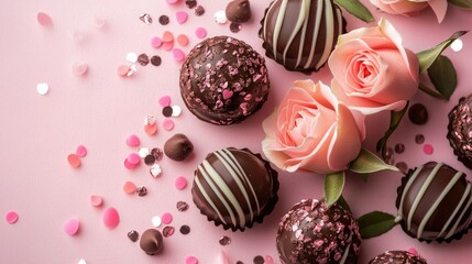 Fototapeta premium Delightful Chocolate Treats with Pink Roses on a Soft Background