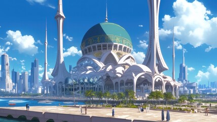 Naklejka premium Illustration of Futuristic Modern Mosque in City Center. Anime style