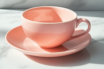 Elegant pastel pink ceramic cup and saucer set showcased on a bright marble surface, casting soft shadows, perfect for tea or coffee lovers and lifestyle photography needs.