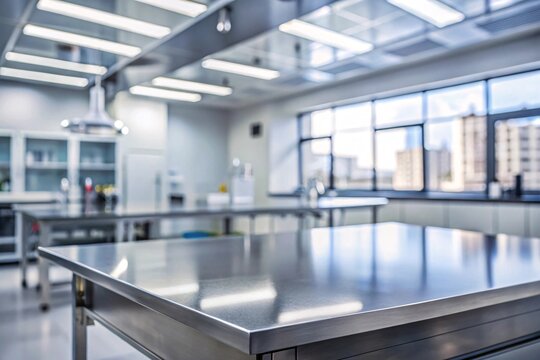 tabel top with blurred empty science lab room background can be used for mocking up or display product to make advertising.