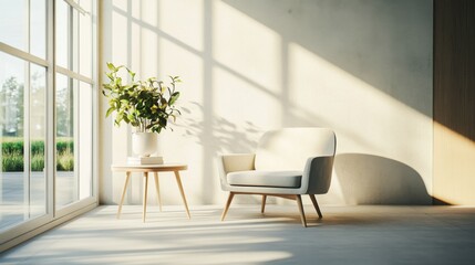 Minimalist lounge with a modern, open design. Featuring sleek furnishings and neutral colors