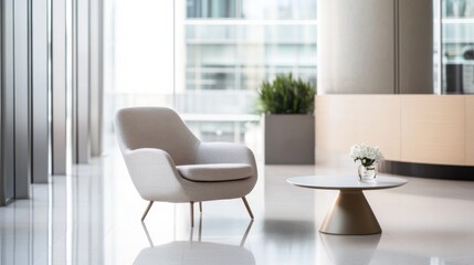 Minimalist lounge with a modern, open design. Featuring sleek furnishings and neutral colors