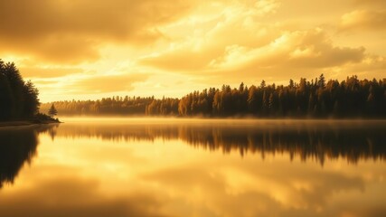 Fototapeta premium Golden trees reflected in peaceful lake with black sky background, modern canvas art, golden yellow forest, golden, canvas art, lake