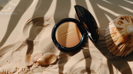 A golden-bronze bronzer compact, surrounded by soft beachy tones, evoking a sun-kissed glow,