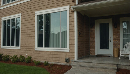 Tan-sided house exterior showcasing a front door, steps, landscaping, and multiple windows with white frames. The house features light brown siding and a concrete porch.