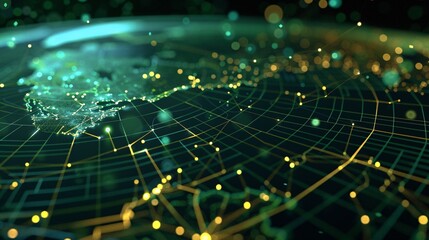Obraz premium Vibrant Digital Landscape of Glowing Interconnected Global Network with Futuristic Light Patterns and Dynamic Data Visualization