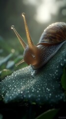 Close-up of a brown garden snail on a leaf, glistening with morning dew, showcasing its textured shell and elongated tentacles.