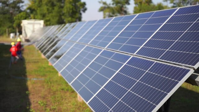 The view of the solar farm(solar panel), alternative electricity source, cleaning will increase performance to high, Photovoltaic module idea for clean energy production to protect the environment.